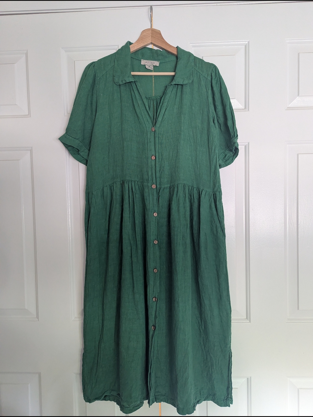 Astrid Forest Green Button Front Linen Summer Midi Dress Cottagecore XS/S/M